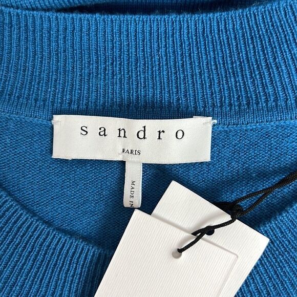 NWT SANDRO sweater short sleeves wool/cashmere blue knotted on the side S - Picture 8 of 13